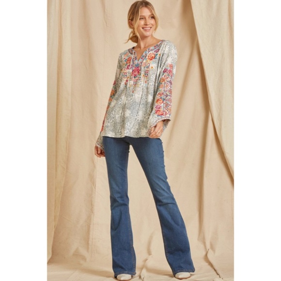SOLD OUT Colorful Boho Floral Embroidered Long Sleeve Tie Woven Blouse Casual - Picture 3 of 6